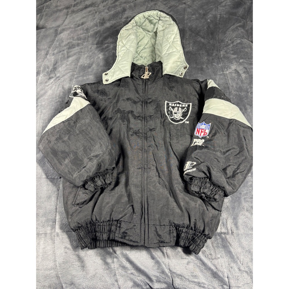 Vintage Logo Athletic NFL Raiders Puffer Jacket Kids Medium 10-12 Black Zip Hood